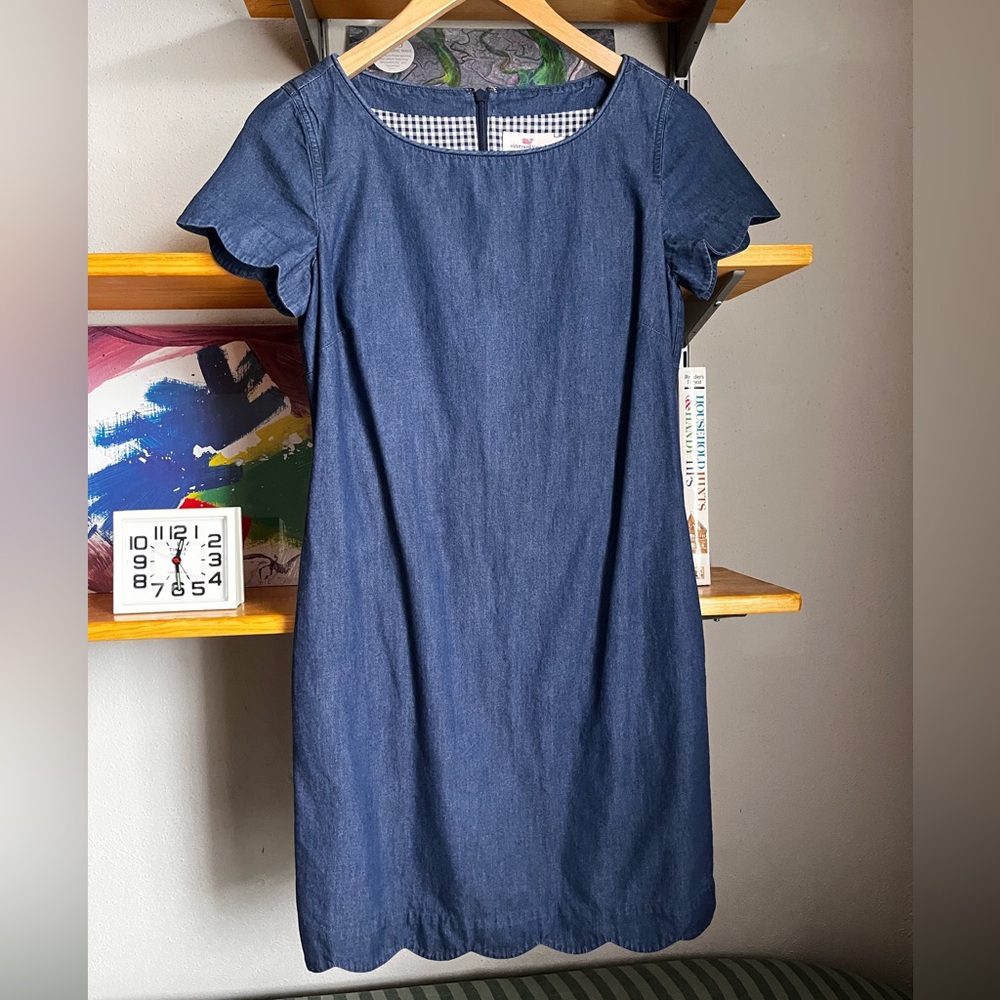 Vineyard Vines Chambray Denim Dress | Flutter Sleeve Scallop Hem Size 00